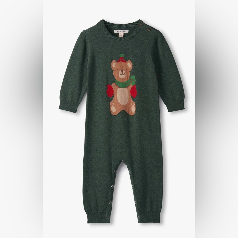 Hatley - Baby Boys Teddy Bear Sweater Romper Green